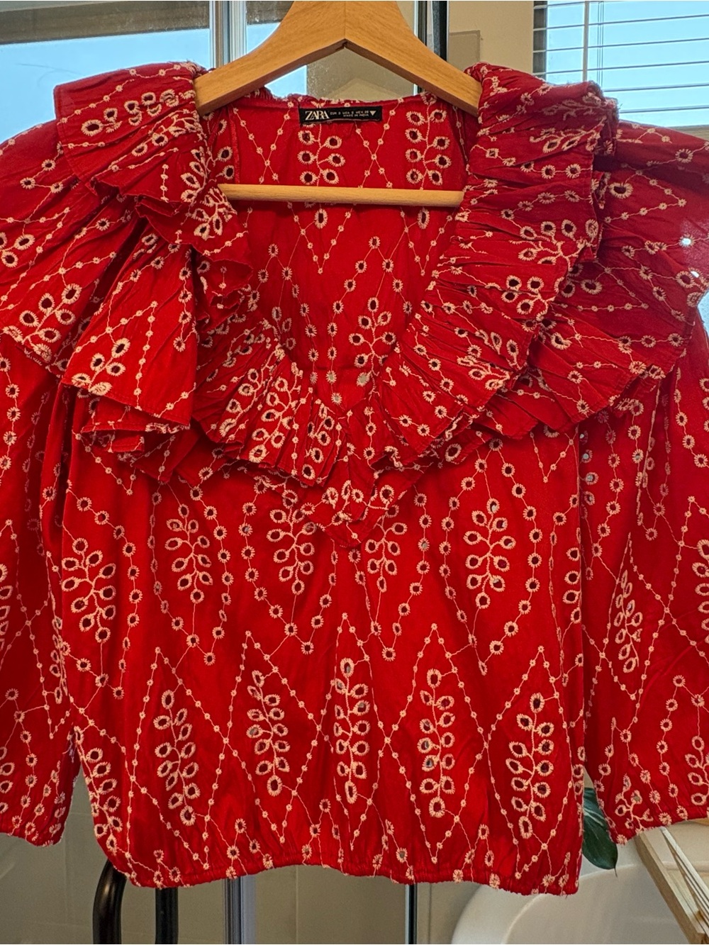 Zara Red Eyelet-Pattern Ruffle Blouse